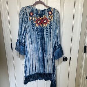 Saira Rizwan Bohemian Blue Top with Floral Embroidery & Flare Pants